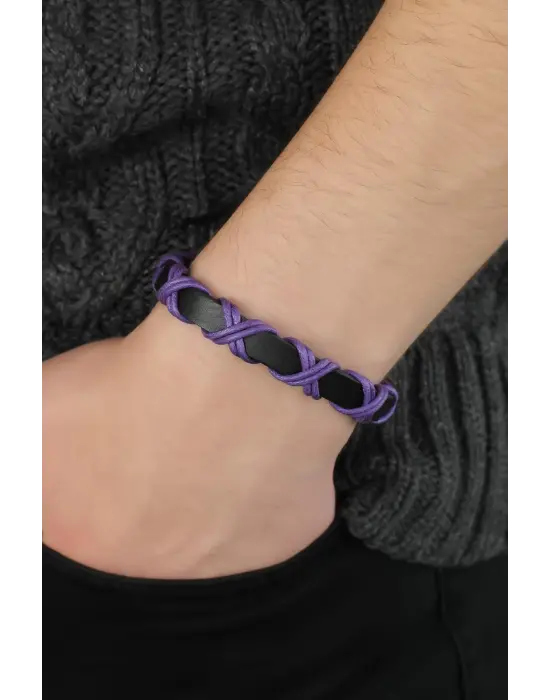 Mor Çapraz İpli Siyah Renk Deri Erkek Bileklik