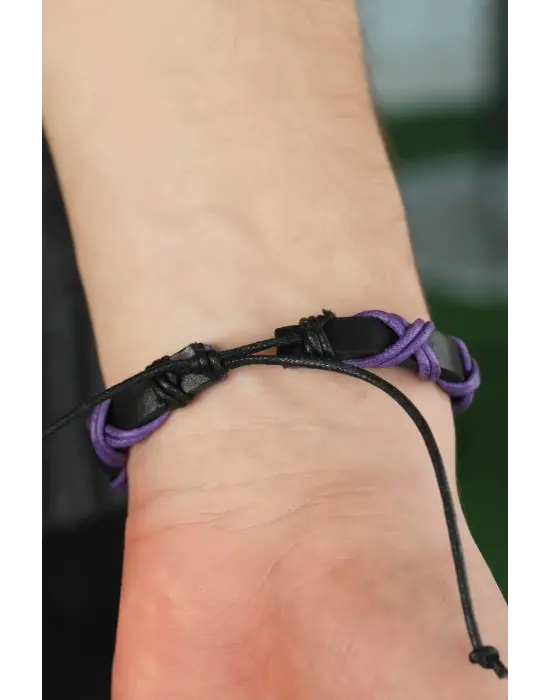 Mor Çapraz İpli Siyah Renk Deri Erkek Bileklik