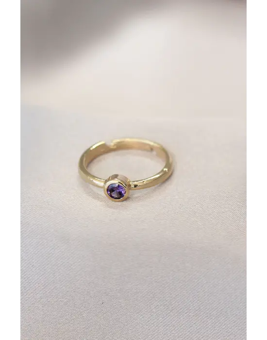 Mor Kesme Taş Daire Yüzük