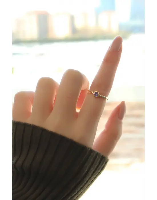 Mor Kesme Taş Daire Yüzük