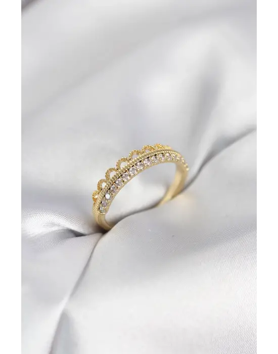 Motif Desenli Gold Renk Zirkon Taşlı Kadın Yüzük