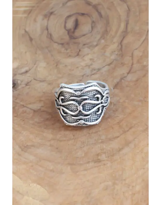 Motifli Gümüş Renk Ayarlanabilir Erkek Yüzük