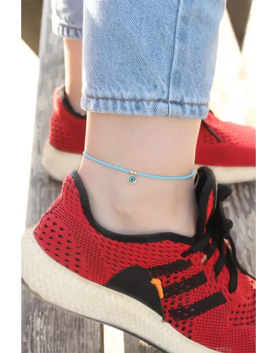 Nazar Boncuğu Detaylı Mavi Boncuk Tasarımlı Halhal