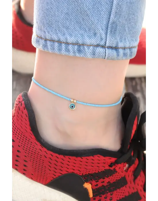 Nazar Boncuğu Detaylı Mavi Boncuk Tasarımlı Halhal