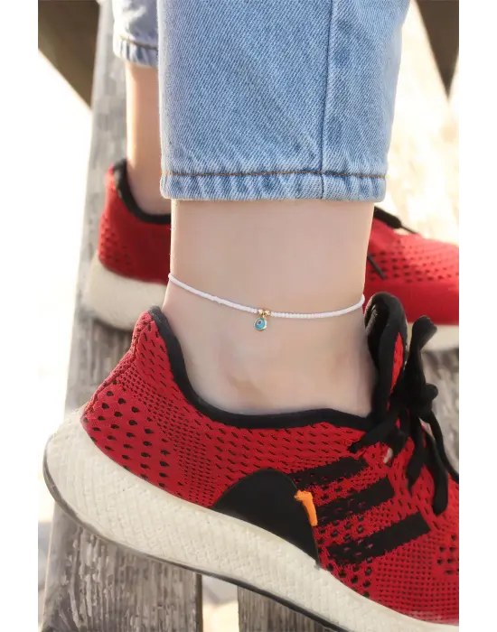 Nazar Boncuğu Tasarımlı Beyaz Boncuk Detaylı Halhal