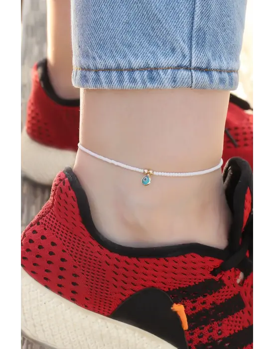 Nazar Boncuğu Tasarımlı Beyaz Boncuk Detaylı Halhal