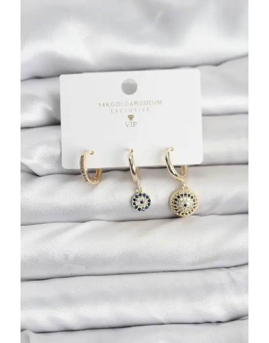 Nazar Model Gold Renk Pirinç 3lü Kadın Küpe Seti