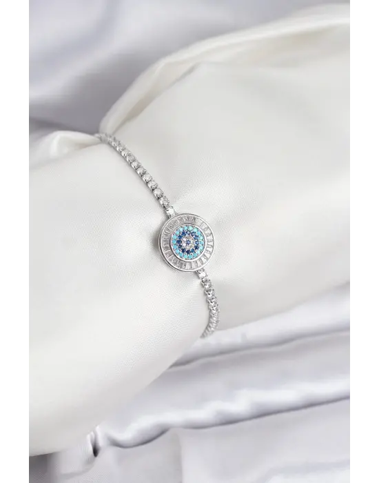 Nazar Model Zirkon Taşlı Gümüş Renk Asansörlü Su Yolu Bileklik