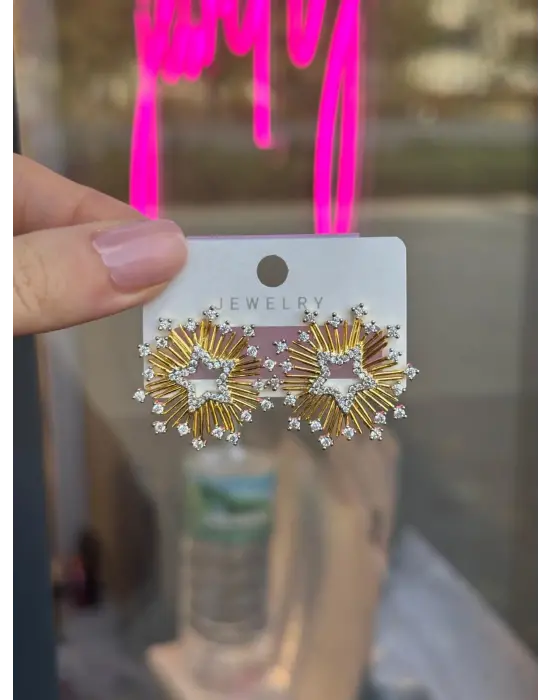 Ortası Yıldızlı Madalyon Şeklinde Taşlı Altın Küpe