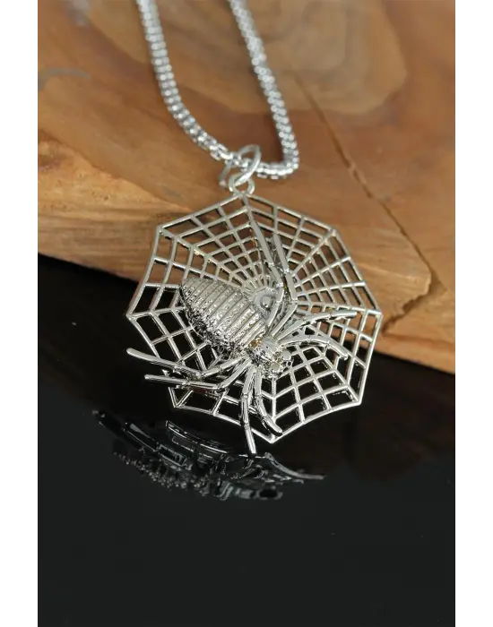 Örümcek Tasarım Silver Renk Zincirli Erkek Kolye