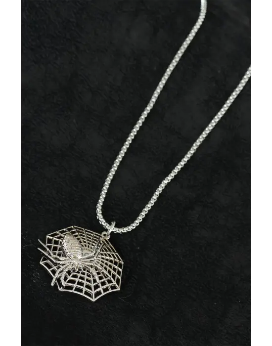 Örümcek Tasarım Silver Renk Zincirli Erkek Kolye