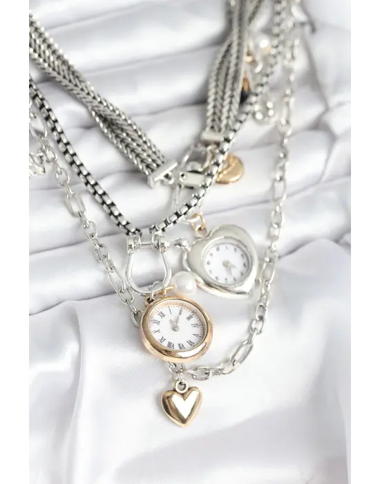 Saat Figürlü Otantik Gümüş Renk Kadın Çoklu Kolye Kombini