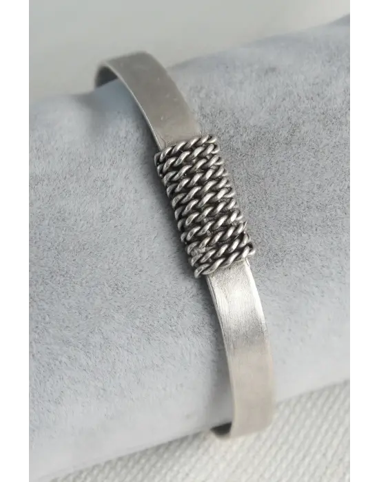 Otantik Gümüş Renk Zincir İşleme Plaka Model Erkek Bileklik