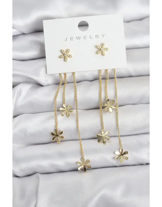 Papatya Model Gold Renk Pirinç Sallantılı Kadın Küpe