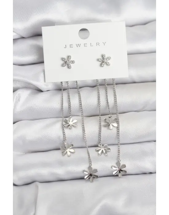 Papatya Model Gümüş Renk Pirinç Sallantılı Kadın Küpe