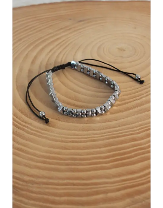 Parlak Gri Renk Makrome Doğal Taş Erkek Bileklik