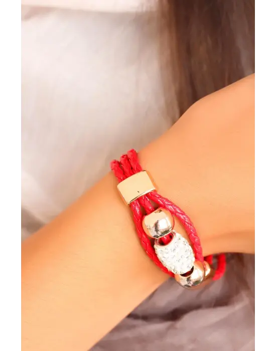 Parlak Taşlı Aksesuarlı Kırmızı Deri Bayan Bileklik