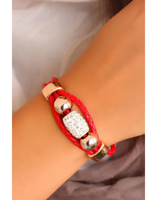 Parlak Taşlı Aksesuarlı Kırmızı Deri Bayan Bileklik