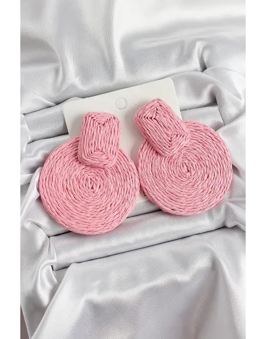 Pembe Daire Figürlü Hasır Örgü Model Gold Renk Kadın Küpe