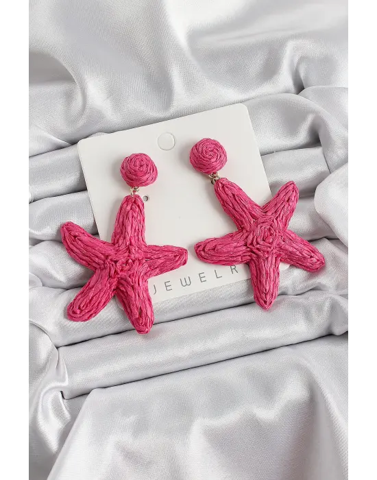 Pembe Deniz Yıldızı Figürlü Hasır Örgü Model Gold Renk Kadın Küpe