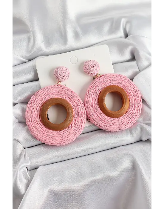 Pembe Halka Figürlü Hasır Örgü Model Gold Renk Kadın Küpe