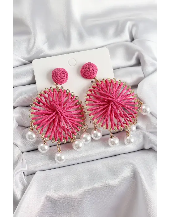 Pembe Hasır Örgü Sarmal Model Sallantılı İnci Detaylı Gold Renk Kadın Küpe