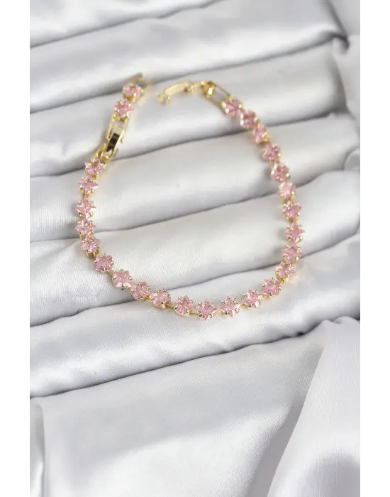 Pembe Kare Zirkon Taşlı Gold Renk Pirinç Su Yolu Kadın Bileklik
