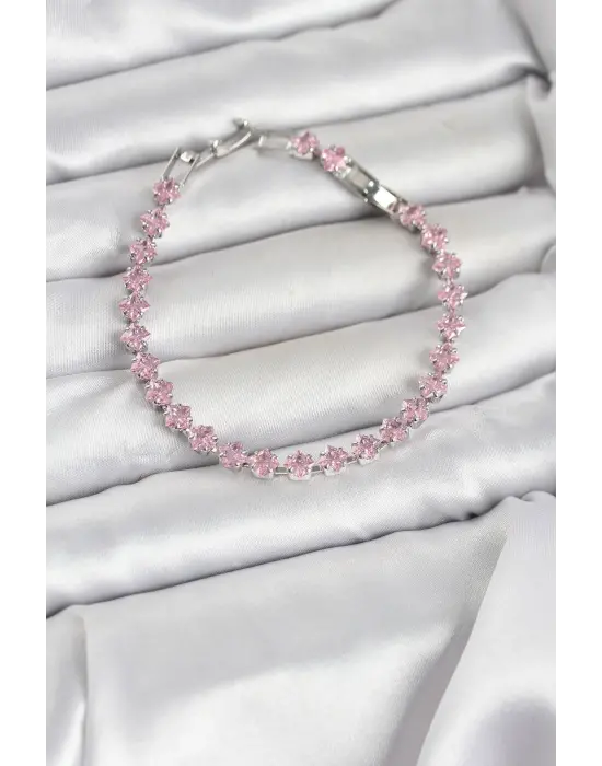 Pembe Kare Zirkon Taşlı Gümüş Renk Pirinç Su Yolu Kadın Bileklik