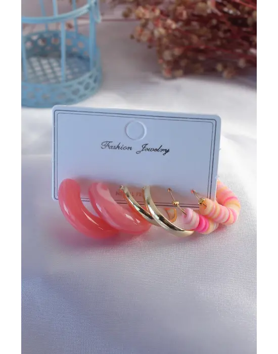 Pembe Karışık Renk Boncuk Halka Kadın Küpe Seti