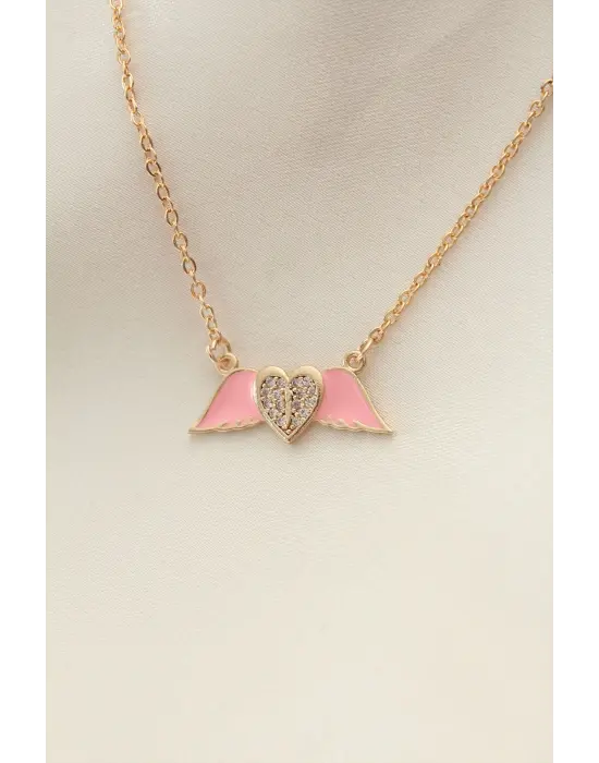 Pembe Mineli Kanat Taşlı Kalp Kolye