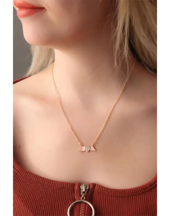 Pembe Mineli Kanat Taşlı Kalp Kolye