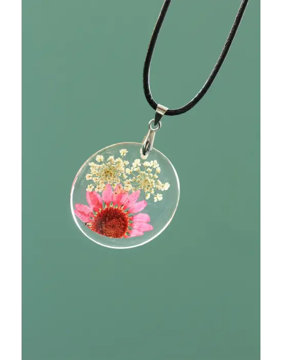 Pembe Renk Canlı Papatya Tasarımlı Kolye