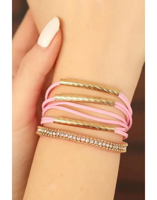 Pembe Renk Deri Taşlı Bayan Çoklu Bileklik