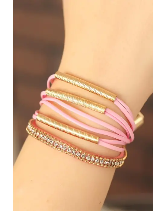 Pembe Renk Deri Taşlı Bayan Çoklu Bileklik