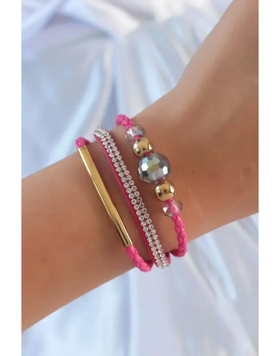 Pembe Renk Zirkon Taşlı Deri Çoklu Bileklik
