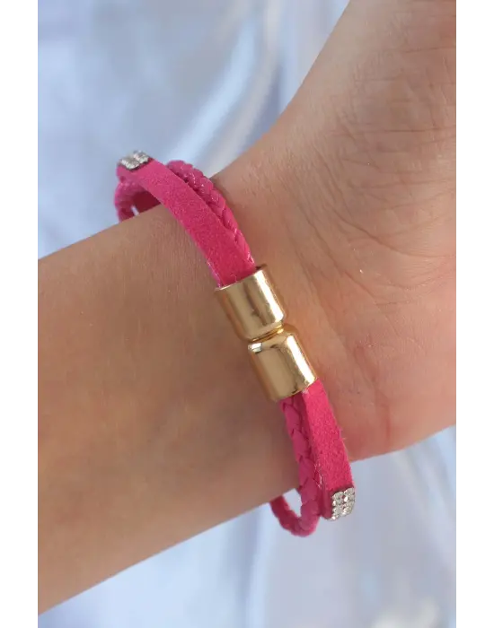 Pembe Renk Zirkon Taşlı Deri Çoklu Bileklik
