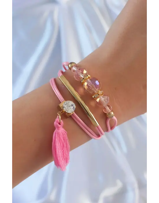 Pembe Renk Zirkon Taşlı İpli Püskül Detay Çoklu Bileklik