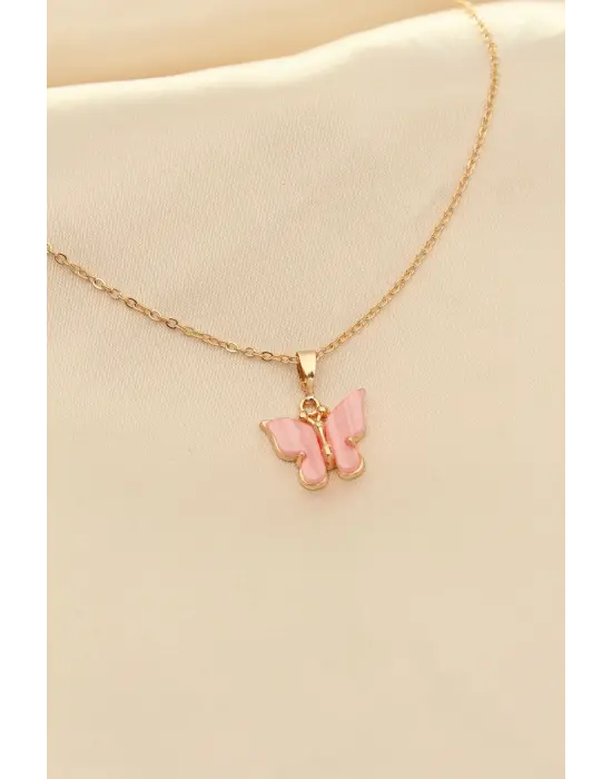 Pembe Sedefli Kelebek Figürlü Kadın Kolye
