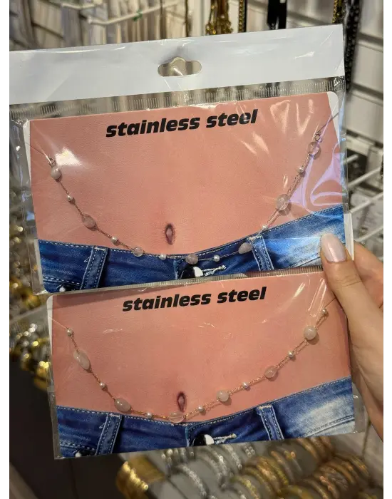 Pembe Taş Detaylı Çelik Göbek Zinciri Romantik Vücut Kolyesi