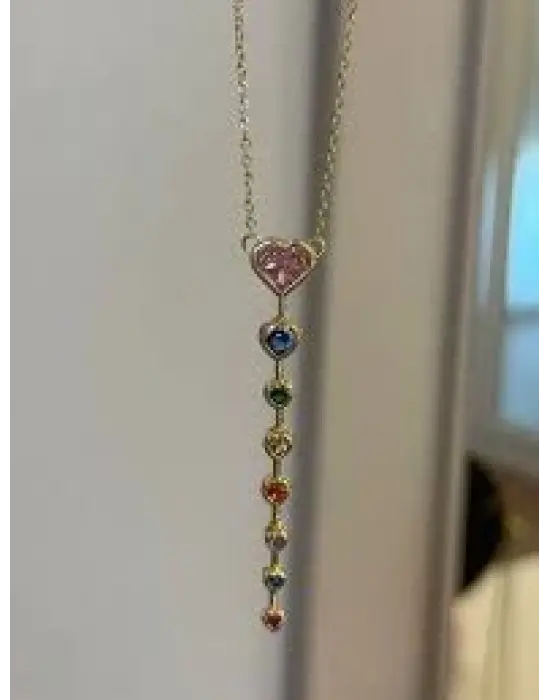 Pembe Taşlı Uzun Kalpli Y Kolye Çelik