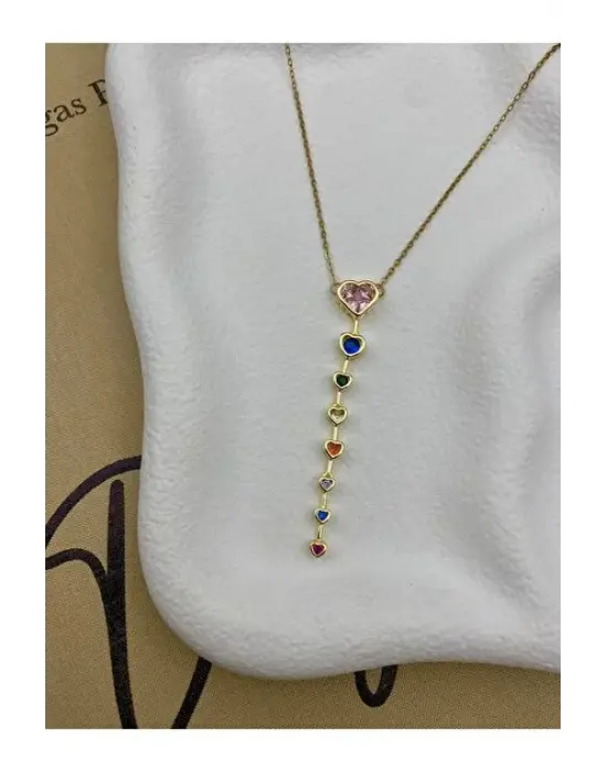 Pembe Taşlı Uzun Kalpli Y Kolye Çelik