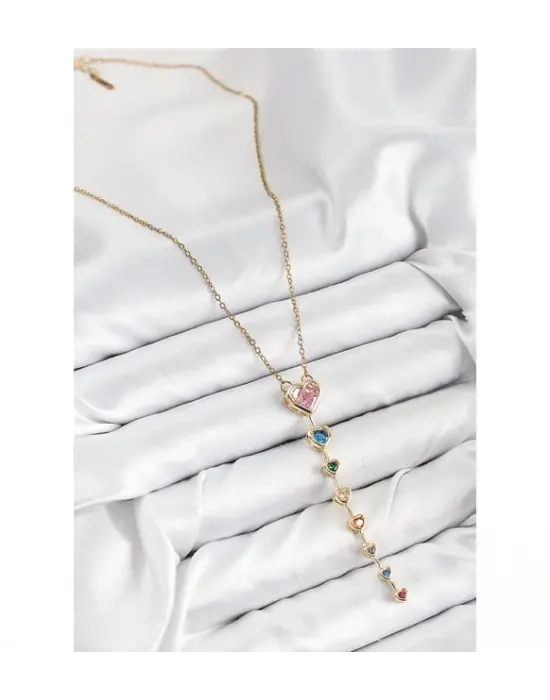 Pembe Taşlı Uzun Kalpli Y Kolye Çelik