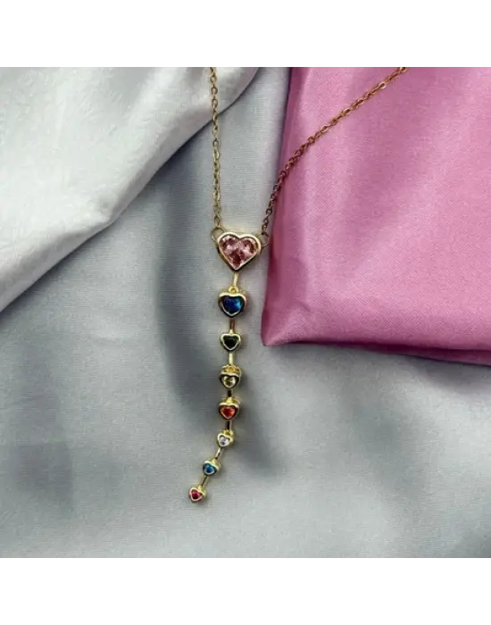 Pembe Taşlı Uzun Kalpli Y Kolye Çelik