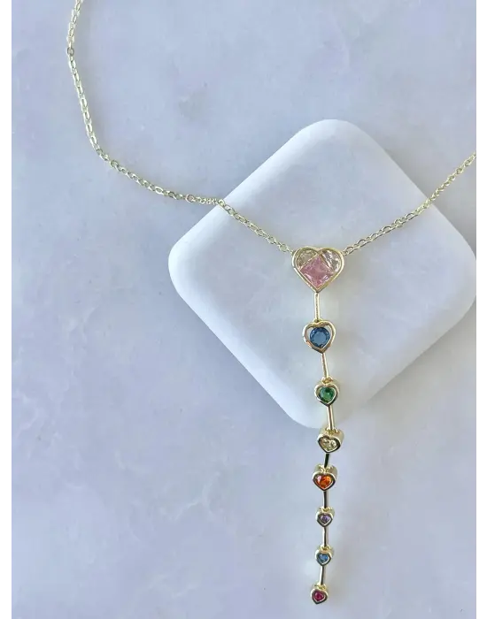 Pembe Taşlı Uzun Kalpli Y Kolye Çelik