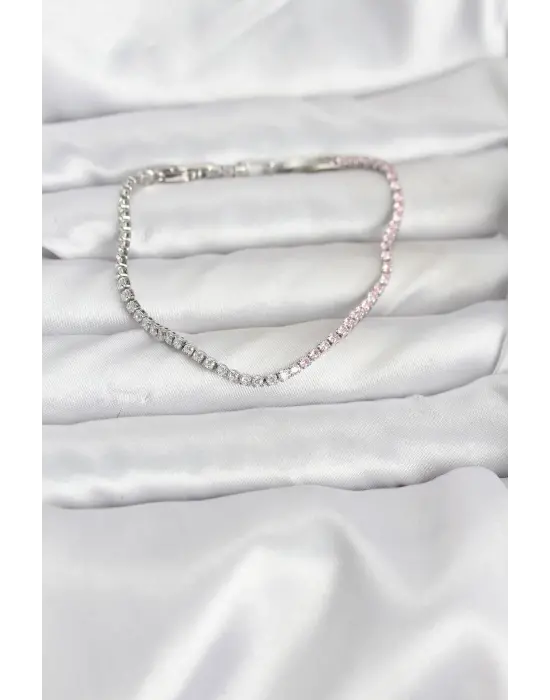 Pembe ve Beyaz Zirkon Taşlı Gümüş Renk Su Yolu Kadın Bileklik
