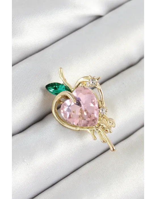 Pembe Ve Yeşil Zirkon Taşlı 3D Eriyen Kalp Figürlü Gold Renk Kadın Broş