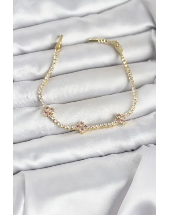 Pembe Yonca Detaylı Zirkon Taşlı Gold Renk Pirinç Su Yolu Kadın Bileklik
