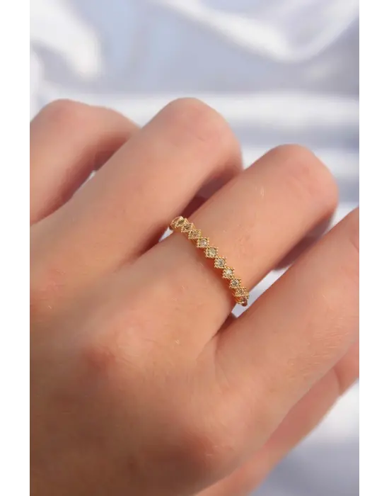  Altın Renk Minimal Sıralı Zirkon Taşlı Ayarlanabilir Yüzük