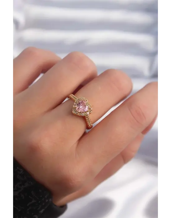 Altın Renk Pembe Zirkon Taşlı Charm Model Ayarlanabilir Yüzük