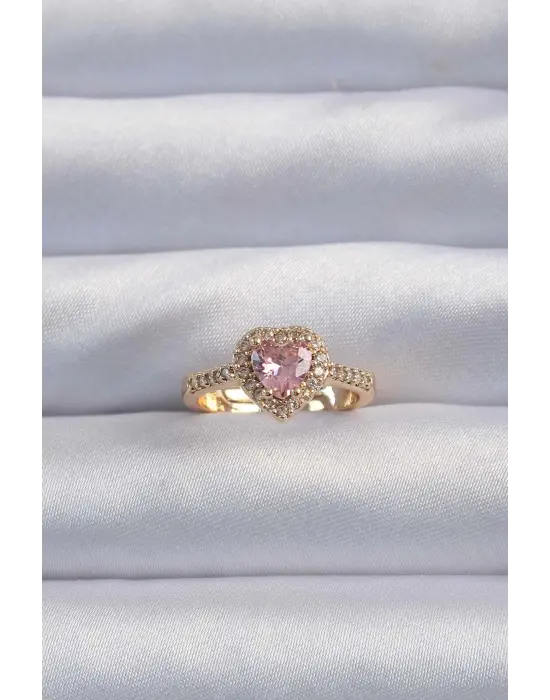  Altın Renk Pembe Zirkon Taşlı Charm Model Ayarlanabilir Yüzük